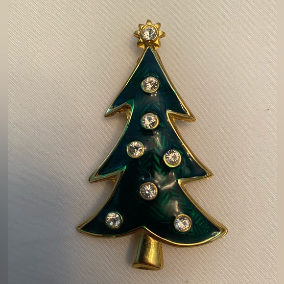 Vintage Set/2  LIA Christmas Tree Brooches Signed Green Enamel and Rhinestones - Picture 3 of 10